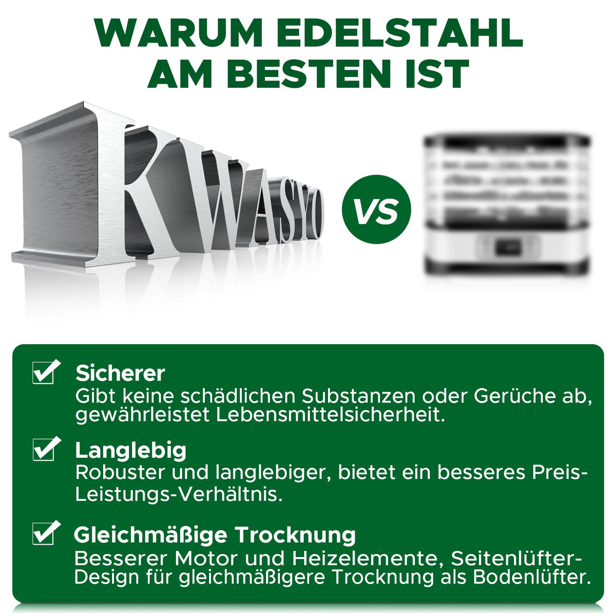 Kwasyo Dörrautomat Edelstahl DA 1000, XXL-Dörrfläche 1,8 m², Dörrgerät Temperatur einstellbar 30-90℃, LED-Display, 24