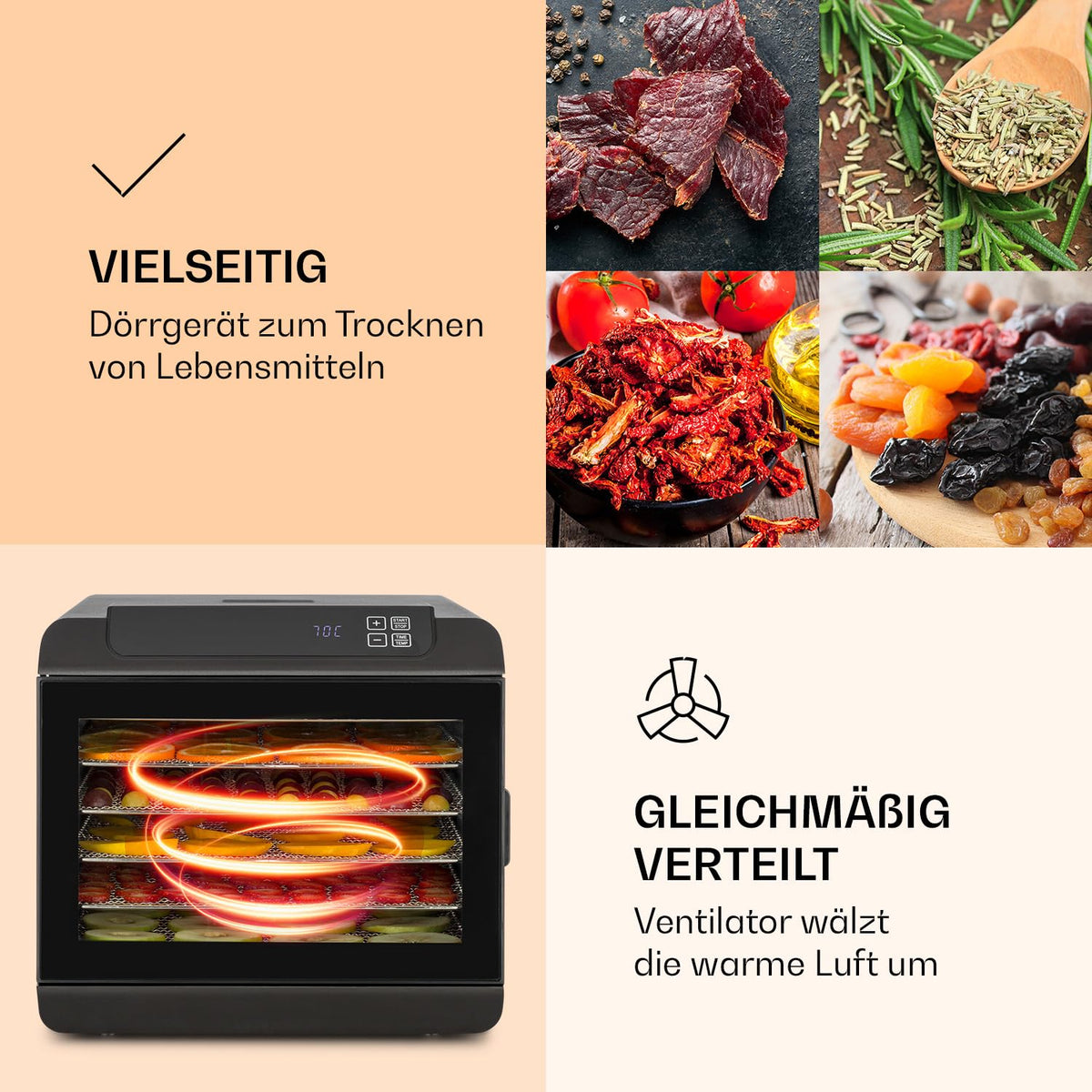 Klarstein Arizona Jerky Dörrautomat - Dörrgerät, Dehydrator, trocknet Obst, Fleisch und Früchte, 500 Watt, 35-70°C, 6