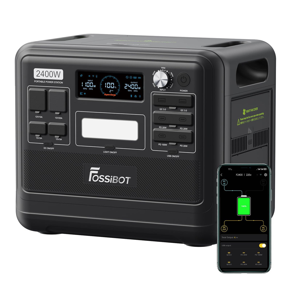 FOSSiBOT Powerstation 2048Wh LiFePO4, 2400W, USB & QC