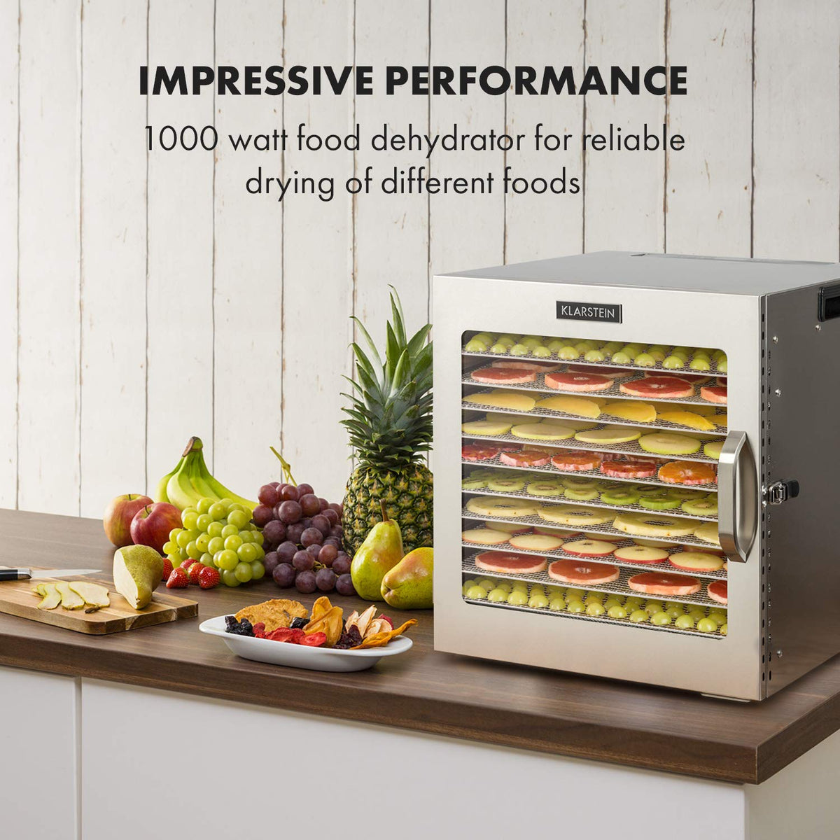 Klarstein Dörrgerät, Dörrautomat für Gemüse, Obst, Pilze & Fleisch, 1500W Edelstahl-Dörrautomat, Trockenautomat mit 16