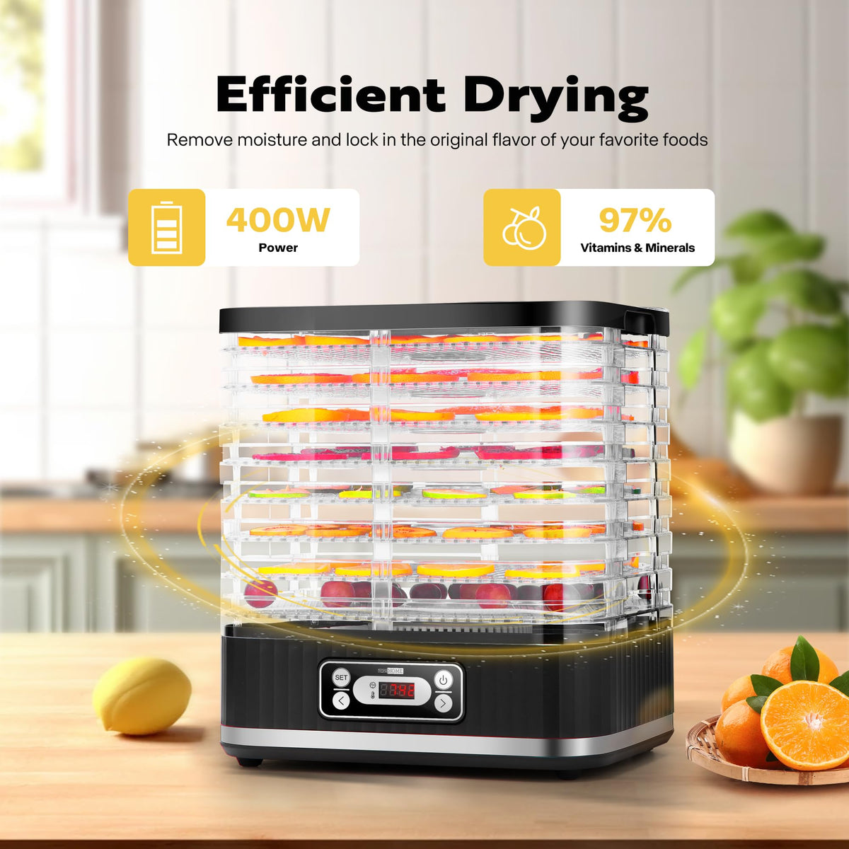 VIVOHOME Dörrautomat mit 8 Einlegefächern 400W BPA frei Dörrgerät mit Temperaturregler von 35°C bis 70°C inkl.72H Timer