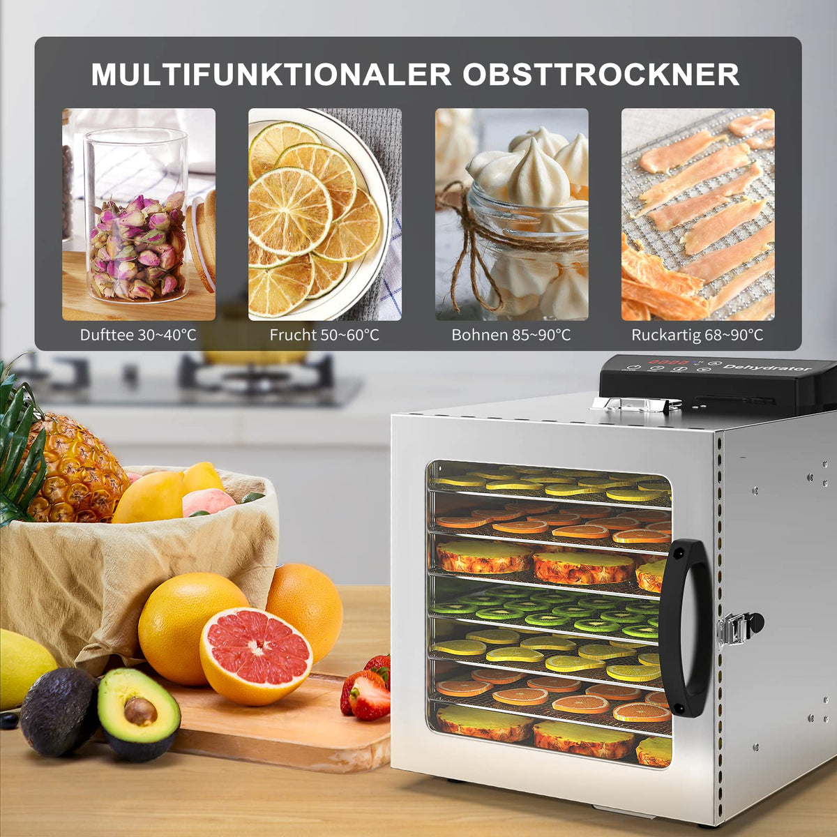 Lecon Dehydrator Stainless Steel Dehydrator Food 30-90°C, 24-Hour Timer Dehydrator for Food, Meat, Fruit, Vegetable