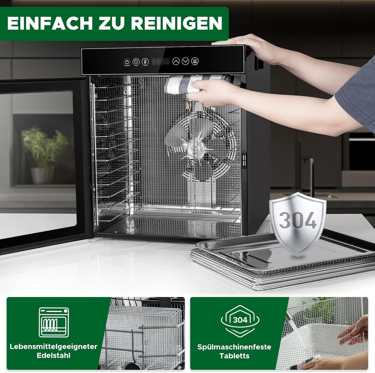Kwasyo Dörrautomat Edelstahl, Dörrgerät 12 Etagen Ganz in Schwarz, 30-90℃ Temperaturregelung, 24 Stunden Timer