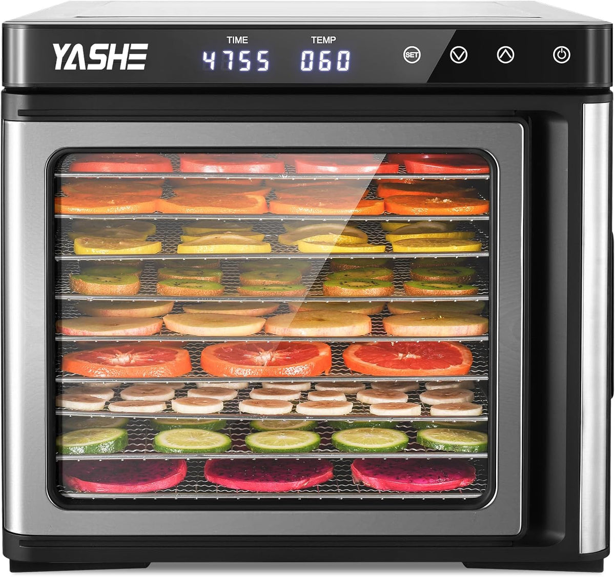 Edelstahl Dörrautomat, 1000W Dörrgerät für Obst und Gemüse mit LED-Anzeige, präziser Temperaturregelung (35-75°C)