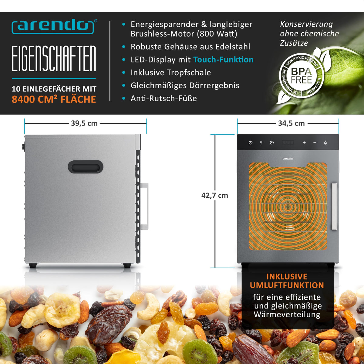 Arendo - Stainless steel dehydrator 8-fold - 500 watts with temperature control - dehydrator for food meat fruits fruit