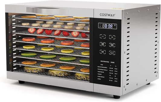 COSTWAY Dehydrator with 8 Grid Trays, 620W Dehydrator 30-70°C Temperature Control & 24H Timer, Overheating & Overload