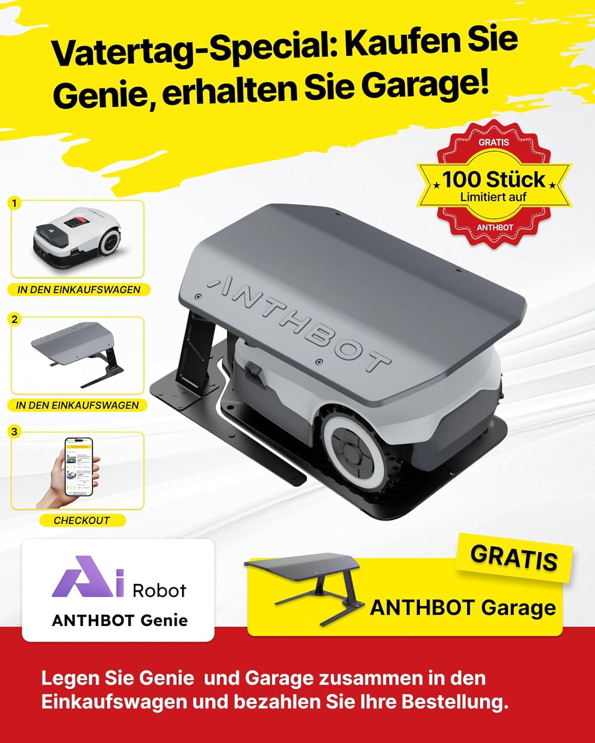 ANTHBOT Genie Mähroboter ohne Begrenzungskabel 3600 m², Full Band RTK + 4-Augen-Vision Roboter-Rasenmäher, 30+