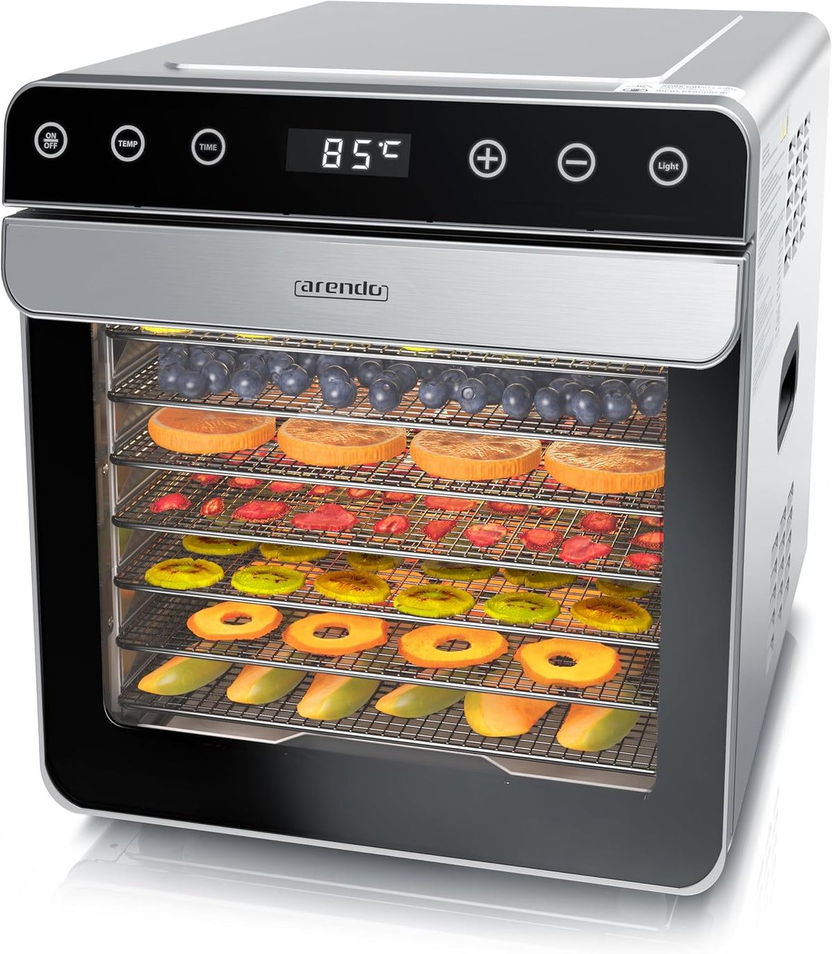 Arendo - Dörrautomat Edelstahl mit 8 Edelstahlgitter - 700 W - 35°-85°C - 8 Edelstahl Einlegetabletts mit insgesamt