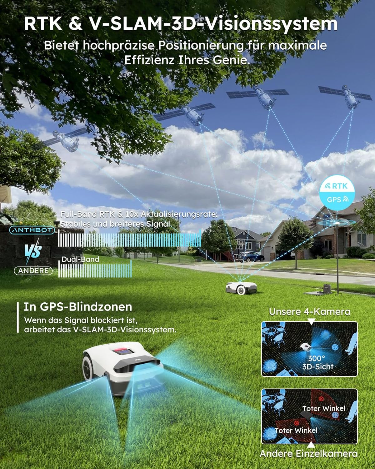 ANTHBOT Genie Mähroboter ohne Begrenzungskabel 3600 m², Full Band RTK + 4-Augen-Vision Roboter-Rasenmäher, 30+