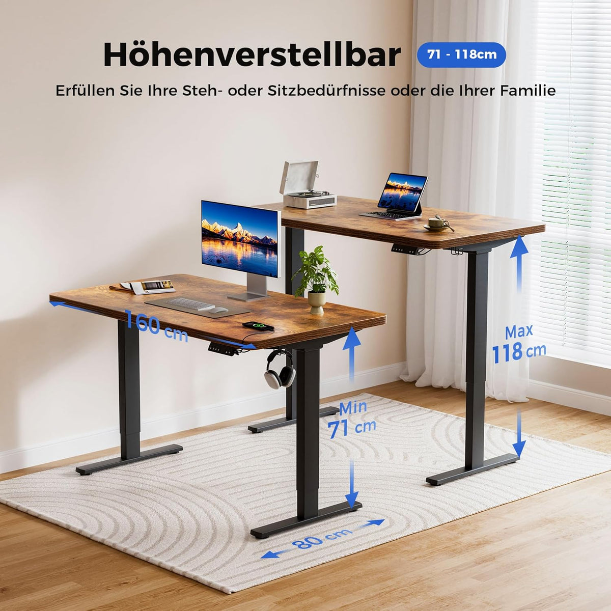 Agliestic Ergonomischer Höhenverstellbarer Steh-Sitz-Schreibtisch 160x80cm Doppelmotor Memory-Steuerung Homeoffice