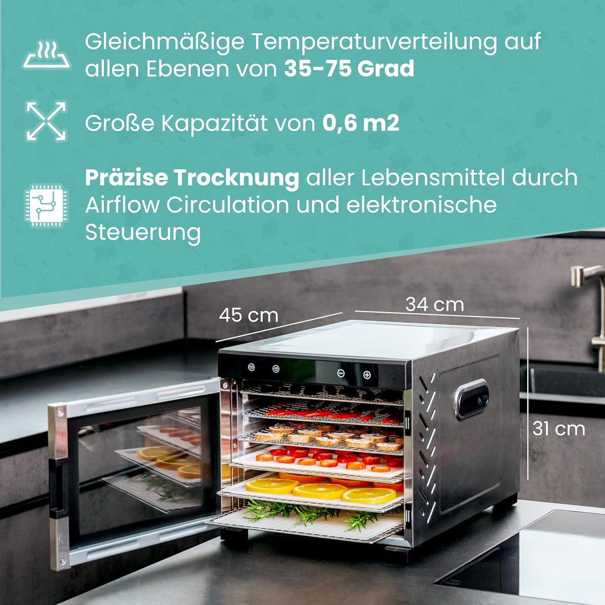 A-rival Dehydrator, Stainless Steel Dehydrator, Touch Control, Professional Dehydrator Stainless Steel, 24 Hour Timer