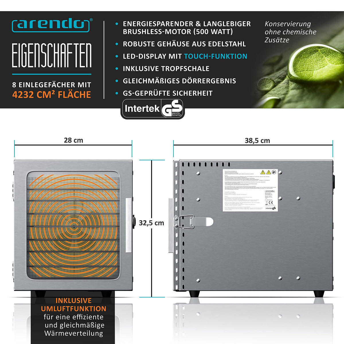 Arendo - Stainless steel dehydrator 8-fold - 500 watts with temperature control - dehydrator for food meat fruits fruit