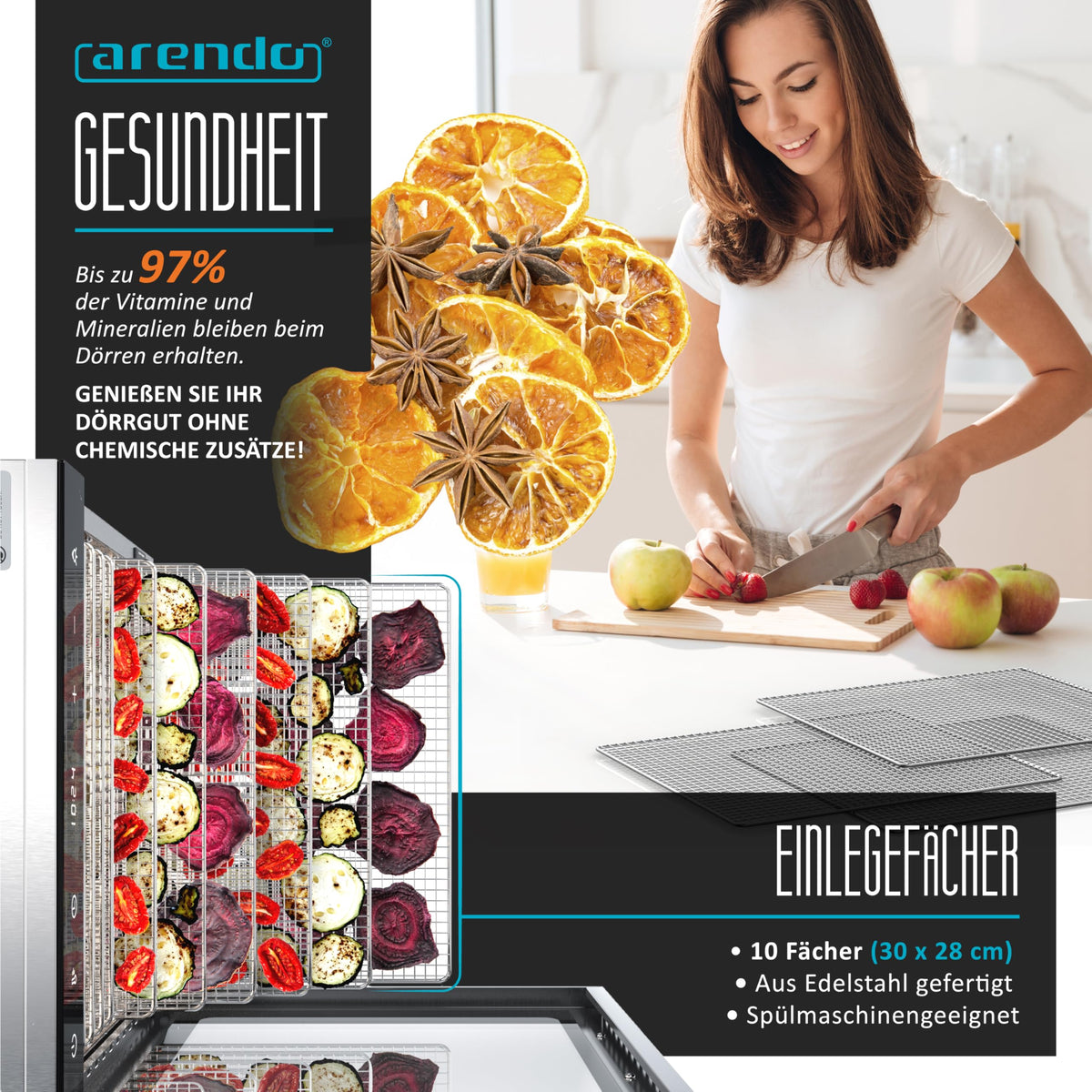 Arendo - Stainless steel dehydrator 8-fold - 500 watts with temperature control - dehydrator for food meat fruits fruit