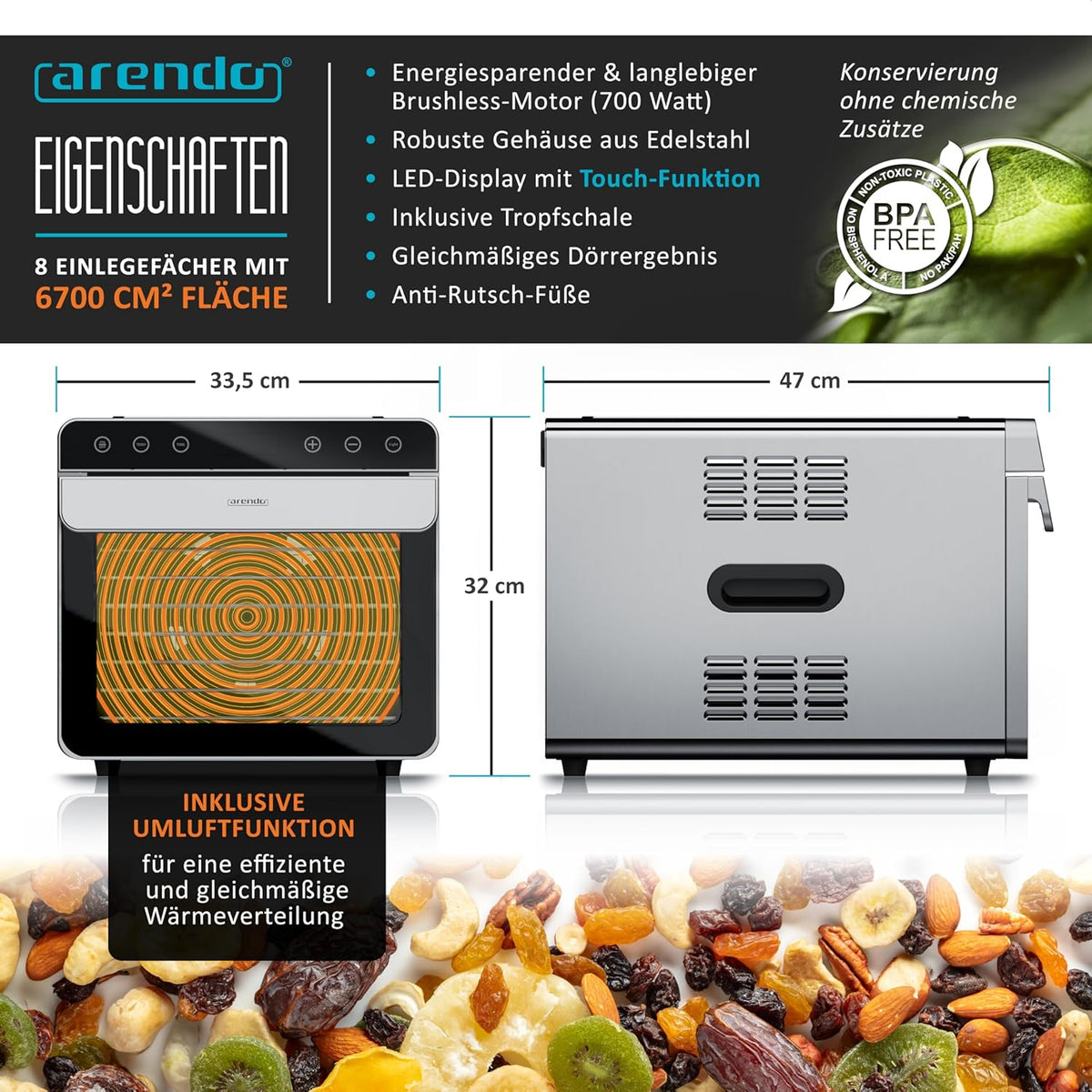Arendo - Dörrautomat Edelstahl mit 8 Edelstahlgitter - 700 W - 35°-85°C - 8 Edelstahl Einlegetabletts mit insgesamt