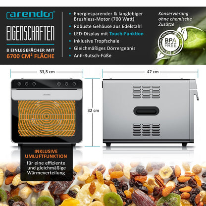 Arendo - Dörrautomat Edelstahl mit 8 Edelstahlgitter - 700 W - 35°-85°C - 8 Edelstahl Einlegetabletts mit insgesamt