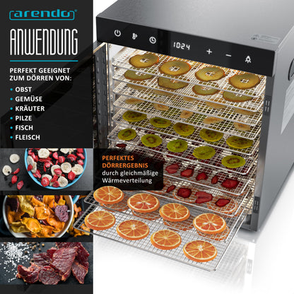 Arendo - Stainless steel dehydrator 8-fold - 500 watts with temperature control - dehydrator for food meat fruits fruit