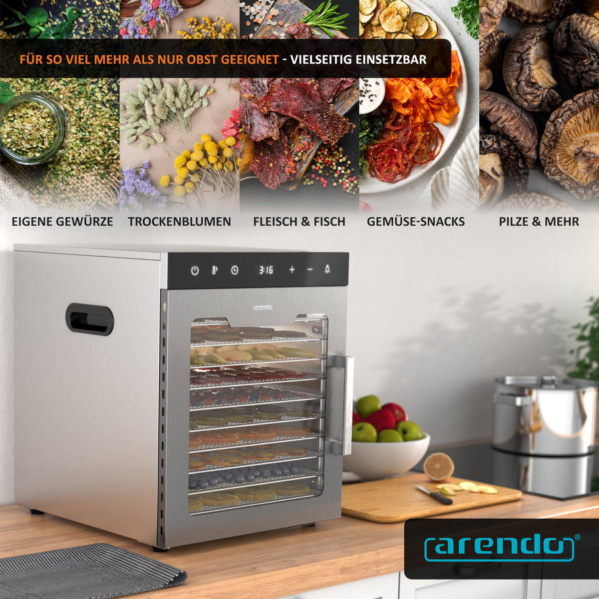 Arendo - Stainless steel dehydrator 8-fold - 500 watts with temperature control - dehydrator for food meat fruits fruit
