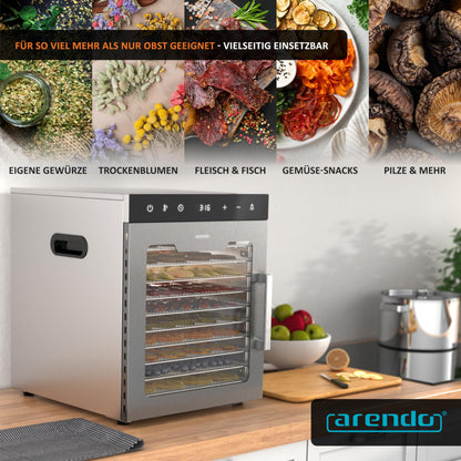 Arendo - Stainless steel dehydrator 8-fold - 500 watts with temperature control - dehydrator for food meat fruits fruit