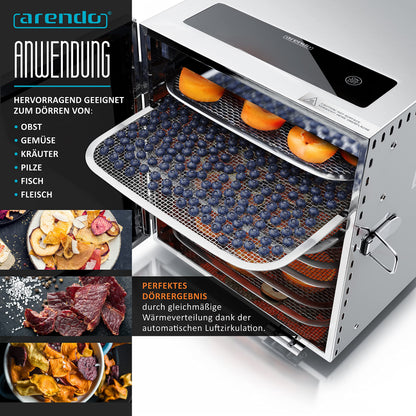 Arendo - Stainless steel dehydrator 8-fold - 500 watts with temperature control - dehydrator for food meat fruits fruit