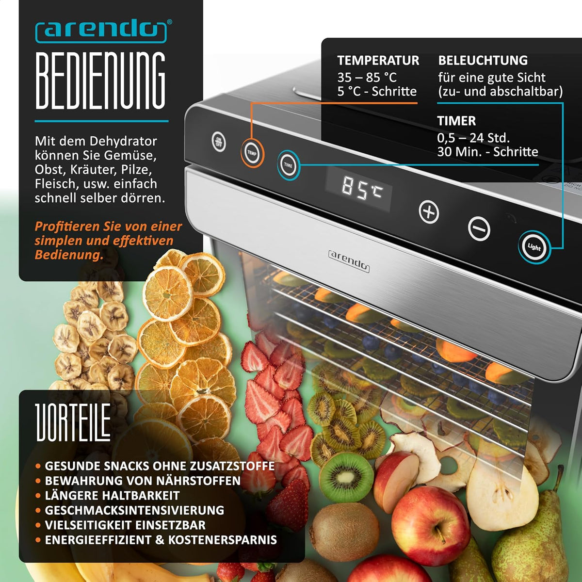 Arendo - Dörrautomat Edelstahl mit 8 Edelstahlgitter - 700 W - 35°-85°C - 8 Edelstahl Einlegetabletts mit insgesamt