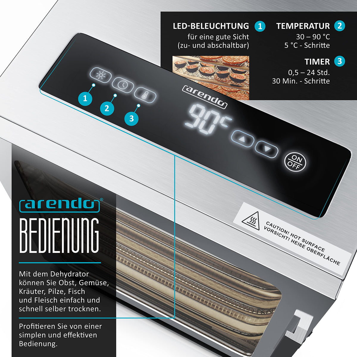 Arendo - Stainless steel dehydrator 8-fold - 500 watts with temperature control - dehydrator for food meat fruits fruit