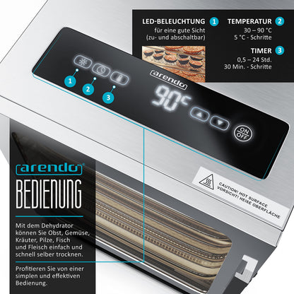 Arendo - Stainless steel dehydrator 8-fold - 500 watts with temperature control - dehydrator for food meat fruits fruit