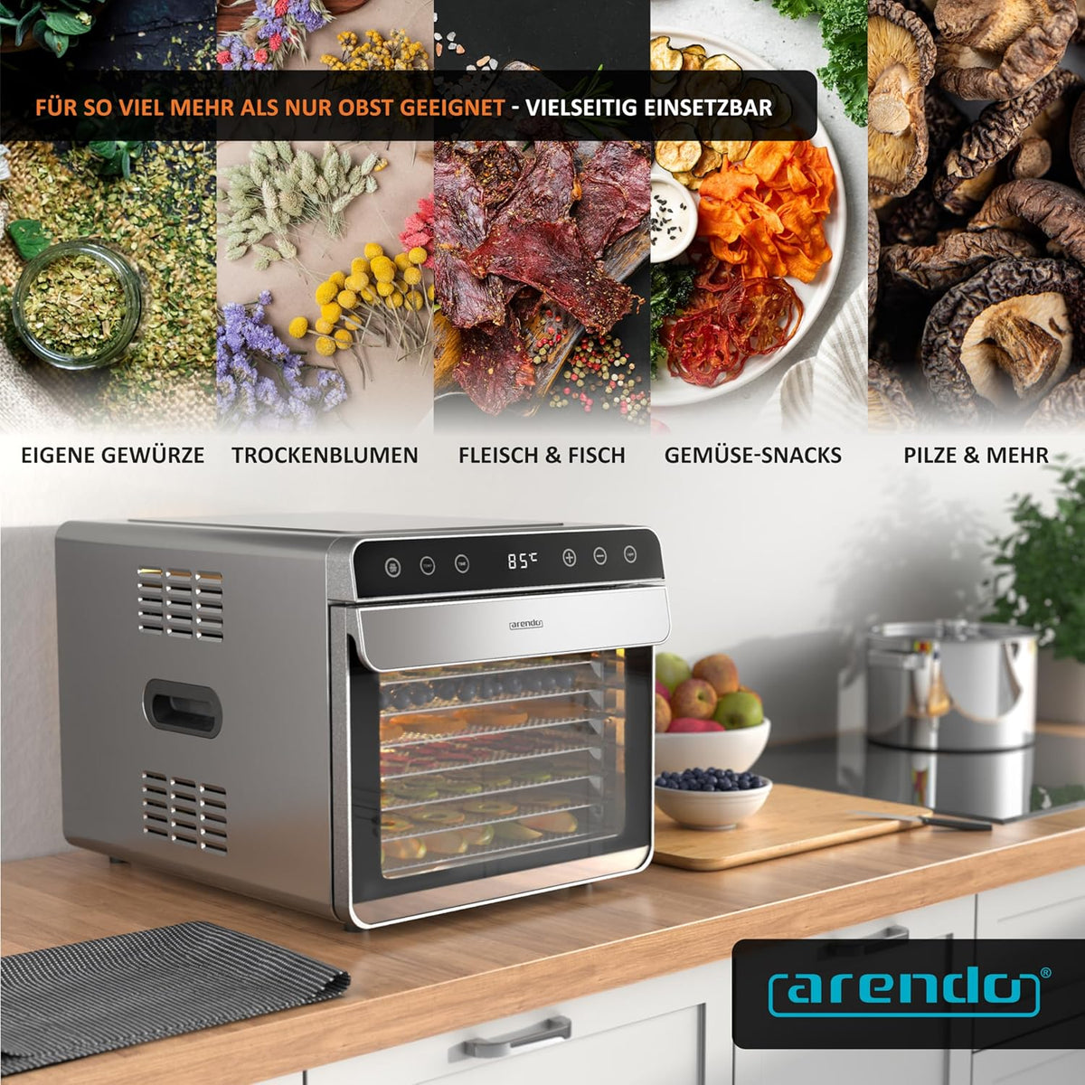 Arendo - Dörrautomat Edelstahl mit 8 Edelstahlgitter - 700 W - 35°-85°C - 8 Edelstahl Einlegetabletts mit insgesamt