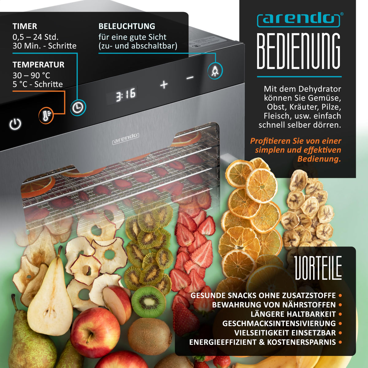Arendo - Stainless steel dehydrator 8-fold - 500 watts with temperature control - dehydrator for food meat fruits fruit