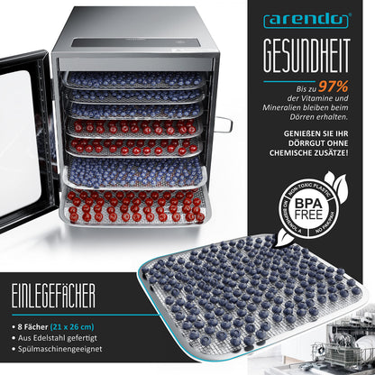 Arendo - Stainless steel dehydrator 8-fold - 500 watts with temperature control - dehydrator for food meat fruits fruit